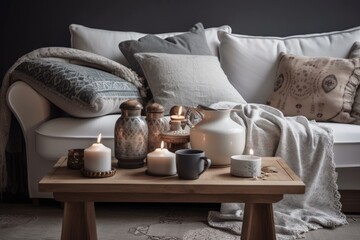 Fototapeta na wymiar Cropped photo of cozy white sofa with ornamental cushions near wooden table with black teapot and candle holders against copy space backdrop. Scandinavian living room. Generative AI