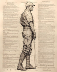 portrait of a man with a baseball, poster newsprint blueprint, AI image