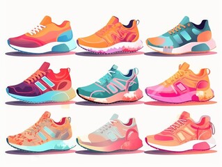 A set of colorful and stylish sneakers on a white background