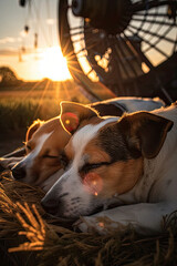 Zwei Jack Russel Terrier schlafen bei untergehender Sonne created with Generative AI technologies