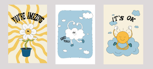 Fototapeta premium set of illustrations in hippie style. retro style, illustrations in the style of the 60s. illustrations with captions 'you`re amazing' `it`s ok` `good vibes`. The meditating sun, a cloud, a cheerful ,