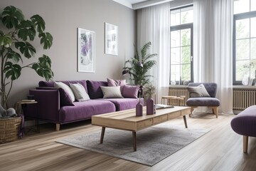 Contemporary white and violet timber living room. Fabric couch, parquet floor, window, and decors. Japanese interiors. Generative AI