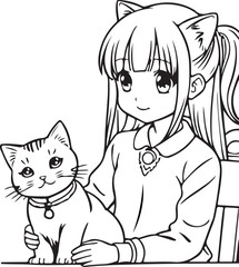 Anime girl play with kitten, vector coloring for children.