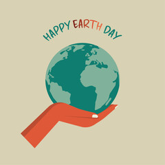 happy earth day and save the world concept, human hand holding planet globe for environment care, vector flat illustration design