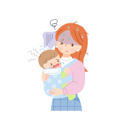 泣いている赤ちゃんを抱っこする疲れたママ