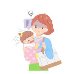 大泣きする赤ちゃんを抱っこして外出する疲れた母親