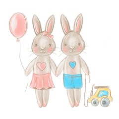 Cute cartoon rabbits, baby boy and girl bunnies keeping toys