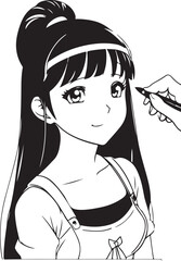 Manga anime portrait of a girl getting make-up. Black and white vector print