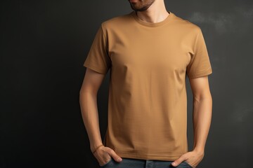 The model is wearing a brown t-shirt