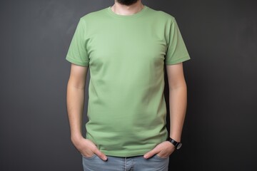 The model is wearing a light green t-shirt