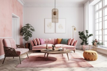Boho style living room interior mockup, backdrop, pink couch and coffee table,. Generative AI