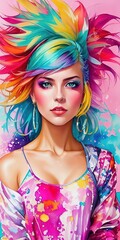 Fototapeta na wymiar Artistic colorful watercolor portrait of an alternative beautiful woman, paint splashes, paint stains, splatters. generative AI