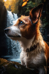 Ein Jack Russel Hund an einem Wasserfall created with generative AI