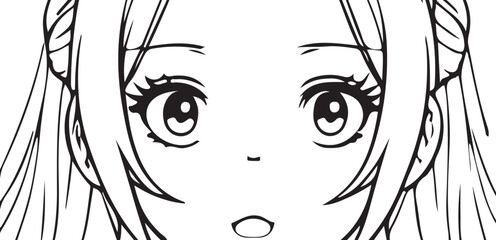 Anime girl surprise closeup eyes horizontal, vector coloring for children