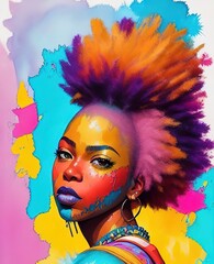 Fototapeta premium Artistic colorful watercolor portrait of a beautiful African American black woman, paint splashes, paint stains, splatters. generative AI