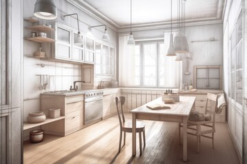 Fototapeta na wymiar cozy kitchen with table and chairs. Generative AI