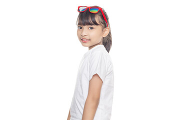 Young Asian girl wearing red sunglasses and standing smiling isolated on white background with clipping path.