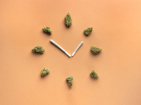 Joints with cannabis in the form of clock hands, dry marijuana buds represent the numbers of the clock.  The arrows indicate the time 4:20 pm.  On a light brown background