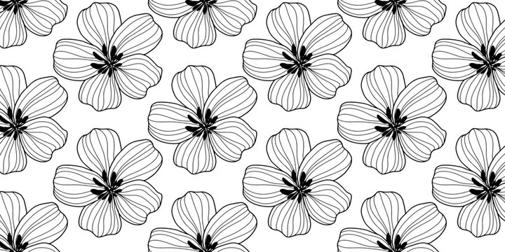Delicate black and white vector seamless pattern with large flowers for textiles, coloring books, covers, backgrounds, decor and wallpapers