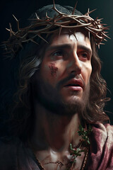Jesus christ wearing a crown of thorns. AI generative.