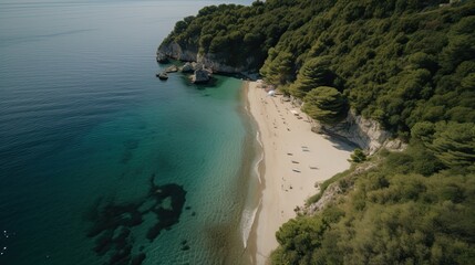 Obraz premium High angle beach photo captured from above showcasing the stunning ocean, coastline, and serene tropical scenery. Perfect for vacation and travel themes. Generative AI