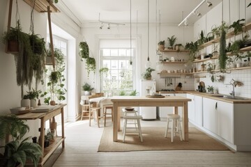 White bohemian apartment kitchen. Much greenery. Wooden ceiling. Generative AI