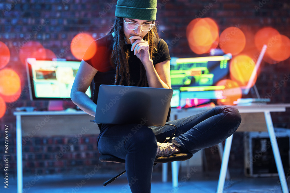Aufkleber Woman hacker, night and thinking with laptop for glitch, coding and data analysis for information technology. IT code expert, dark web and cyber crime with computer for problem solving on internet