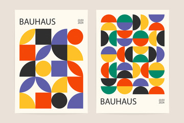 Geometric bauhaus pattern background. Abstract circle square shapes, modern minimal swiss poster layout. Vector flat set