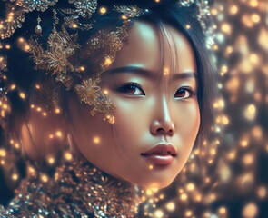 Artistic portrait of elegant and beautiful Asian woman with crown and big jewelry. Wedding jewelry and bokeh background. Oh generative.