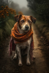 Ein Jack Russel Hund mit einem Schal auf einer Waldstraße created with generative AI