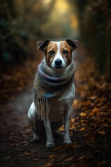 Naklejka na ściany i meble Ein Jack Russel Hund mit einem Schal auf einer Waldstraße created with generative AI