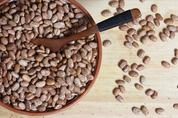 Dry Pinto Beans in Clay Bowl With Wooden Spoon in Rustic Kitchen