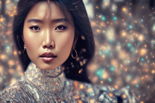 Artistic portrait of beautiful asian woman. Ai generative.