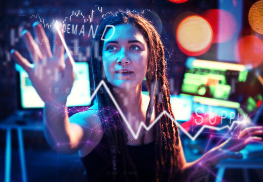 Woman hacker, night and hologram overlay for economy, online banking system and graph for data analysis. IT expert, dark web and cyber crime in computer lab with holographic display for market trend - Powered by Adobe