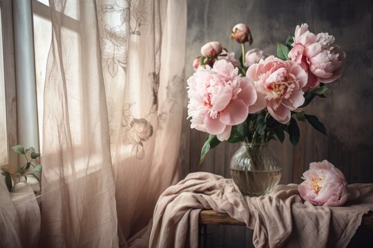 Modern bohemian room with peony bouquet. Soft pink peonies in vase on rustic backdrop, melancholy picture. Bohemian style, fashionable comfort. Generative AI