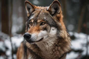 Naklejka premium A wolf (Canis lupus) in a winter forest, captured in close up. Generative AI