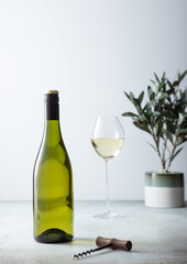 Bottle and glass of white wine and corkscrew on light background with plant.