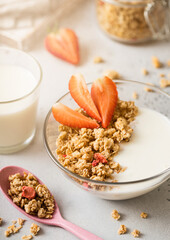 Homemade fresh granola with spoon and glass of milk with morning sun light