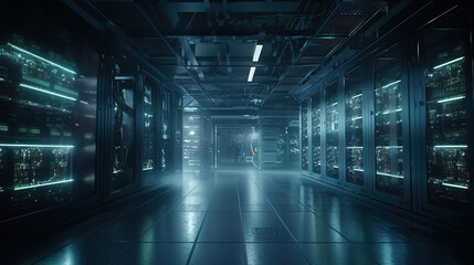 Fototapeta premium Interior of Data Center with multiple rows of server racks. Cloud computing, artificial neural intelligence, database, super computer technology concept. Generative ai