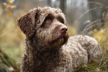 Outdoor portrait of the Lagotto Romagnolo truffle hound. Generative AI