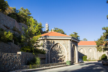 Fototapeta na wymiar Beautiful view of the Trooditissa monastery in the Cedar Valley Nature Reserve in Cyprus