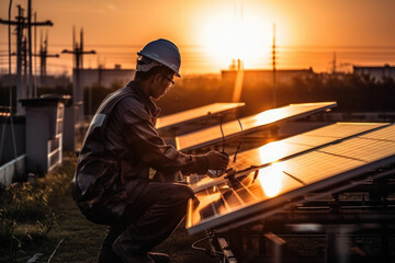 Fototapeta premium Silhouette of a Solar Panel Technician Working, Renewable Energy, Sustainability, Sun, Sunset, Background, Generative AI