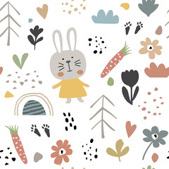 Modern Seamless pattern from set of children's primitive drawings, rabbit and various elements in pastel colors. Cute design flat style on white background