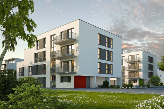 3d rendering eines modernen Mehrfamilienhauses in den Abendstunden