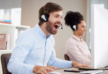 Fototapeta na wymiar Customer service computer, surprise and man shocked over telemarketing news, announcement or web feedback. Call center wow, online consulting insight and screaming information technology consultant