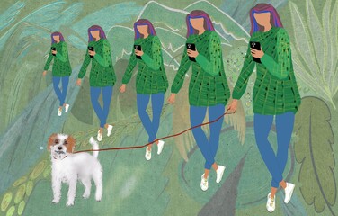 Conceptual illustration about addictive behavior. The girl walks the dog and looks at the smartphone, behind her is exactly the same and the same and the same. Identical people in perspective.