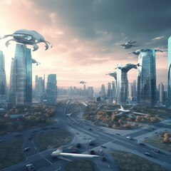 a futuristic city with autonomous vehicles.