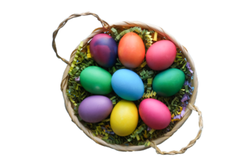 Basket with easter colored eggs on a transparent background 
