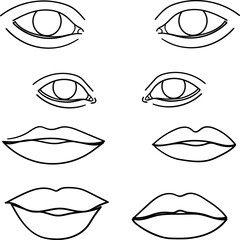 A set with eyes and lips. Black and white icons with thin lines