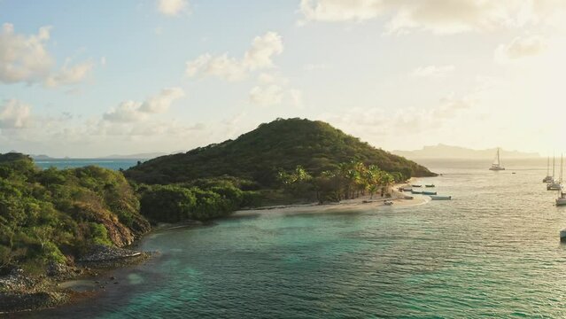 Lost island in caribbean sea surrounded by palm trees, blue water and coral reef.